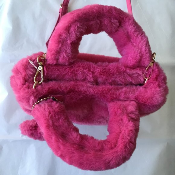 Juicy Couture Hot Pink Free Love Fluffy Mini Tote Purse Bag w/ Sparkle Logo - Picture 3 of 6